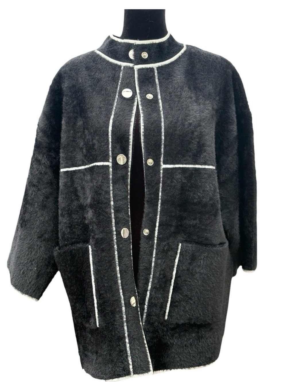 Cyrus Black Teddy Jacket with Cream Contrast detail & 3/4”widecrop Sleeves Size